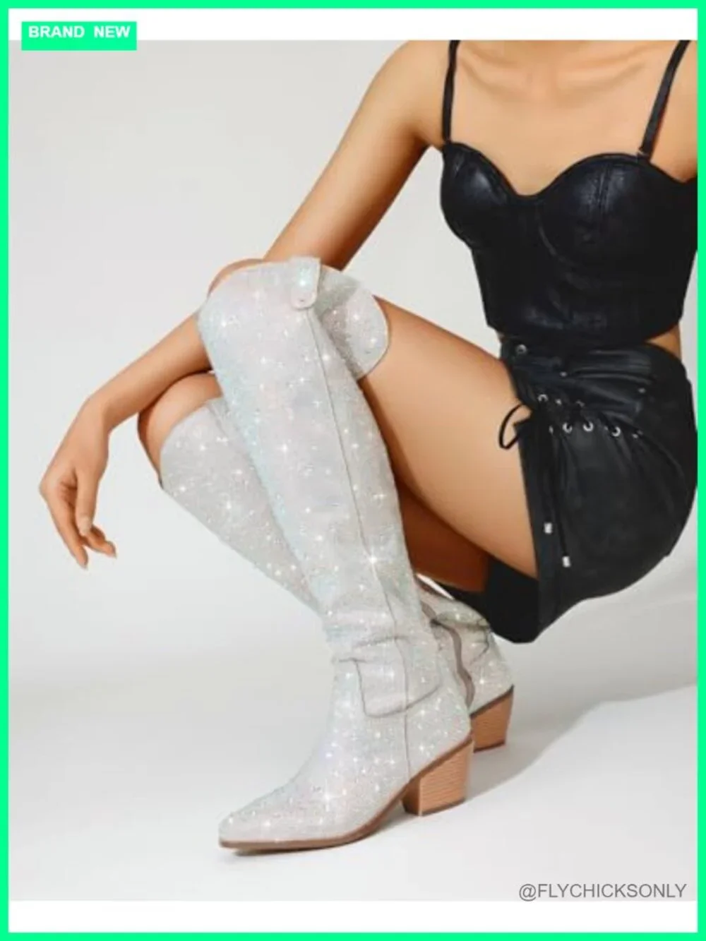 Rhinestone Over the Knee Cowboy Boots Pointed Toe Chunky Heel Western